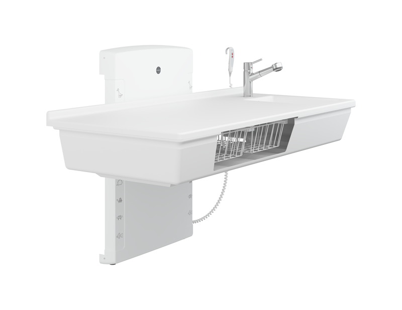 Puslebord, 800 x 1800 mm, elektrisk højderegulérbart, med sanitet og armatur med håndbruser