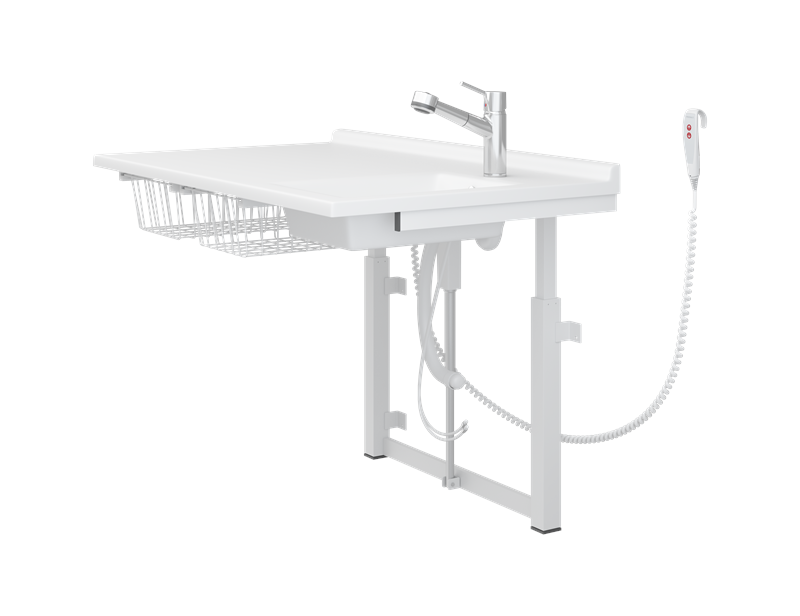Changing table, 800 x 1400 mm, electrically height adjustable, with sanitary appliances and mixer tap with pull-out spout