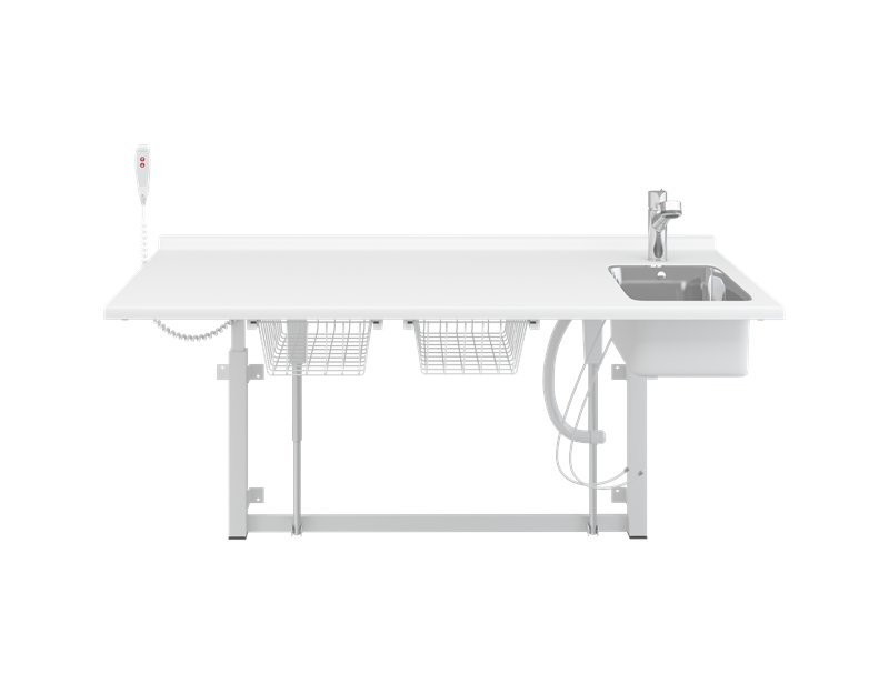 Changing table, 800 x 1800 mm, electrically height adjustable, with sanitary appliances and mixer tap with pull-out spout