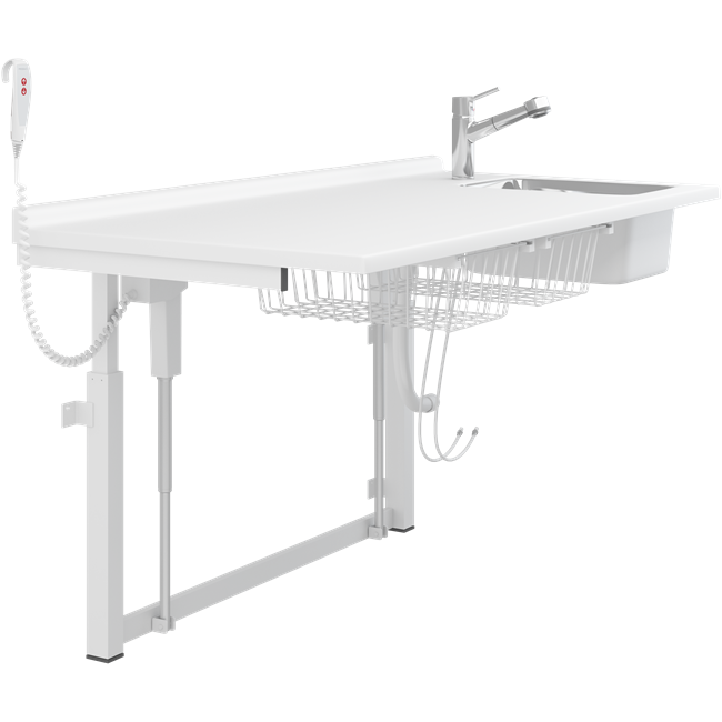 Wickeltisch, 800 x 1800 mm, elektrisch höhenverstellbar, mit sanitären Artikeln und Armatur mit Ausziehbrause