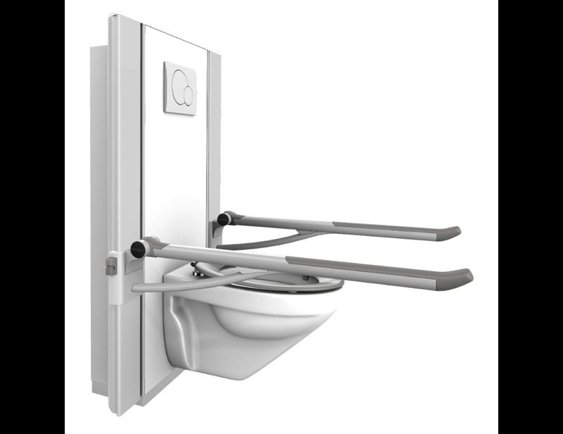 Oplossing met SELECT TL2 hoog-laag toiletsysteem elektrisch in hoogte verstelbaar, PLUS toiletsteunen, wandcloset en toiletzitting Dania