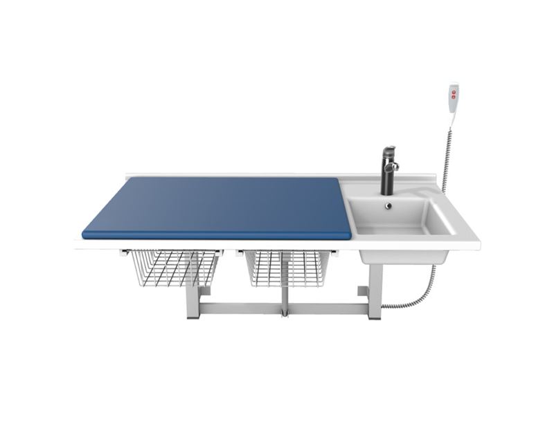 Solution avec table à langer, 800 x 1400 mm, réglable en hauteur électriquement, avec lavabo et matelas