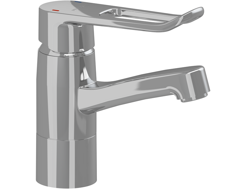 Mixer tap with long rotatable spout and loop-shaped operating lever