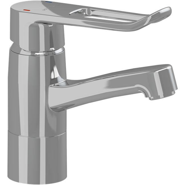 Faucet with long rotatable spout and loop-shaped operating lever