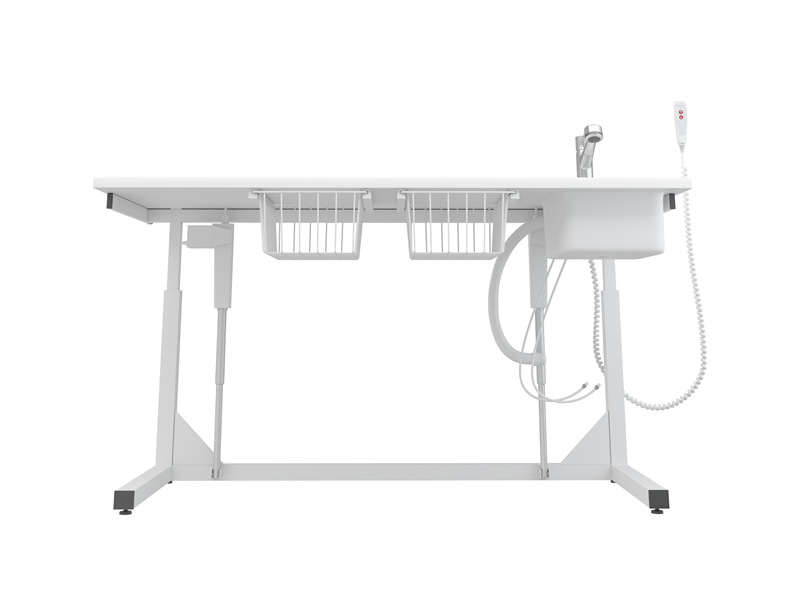 Changing table, 800 x 1800 mm, electrically height adjustable, with sanitary appliances and mixer tap with pull-out spout