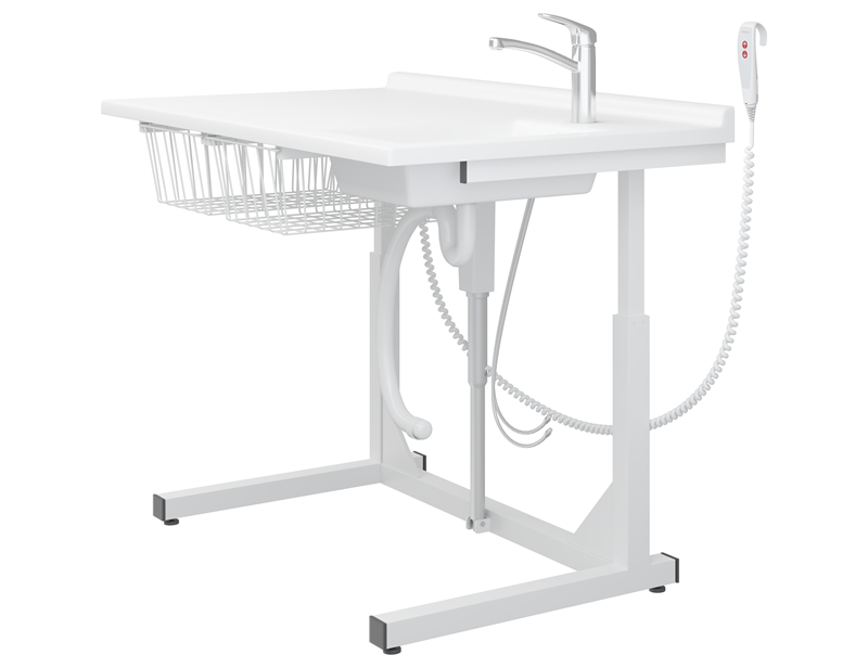 Changing table, 800 x 1400 mm, electrically height adjustable, with sanitary appliances and standard mixer tap