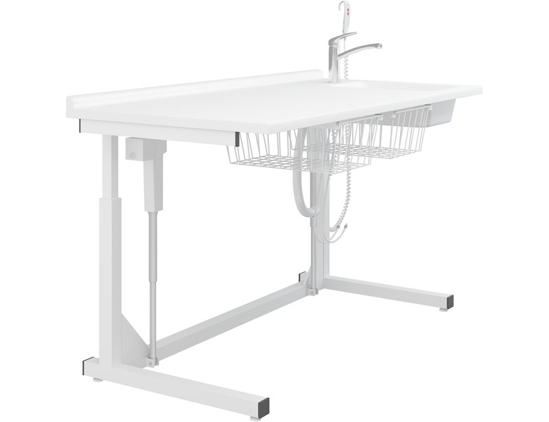 Changing table, 800 x 1800 mm, electrically height adjustable, with sanitary appliances and standard mixer tap