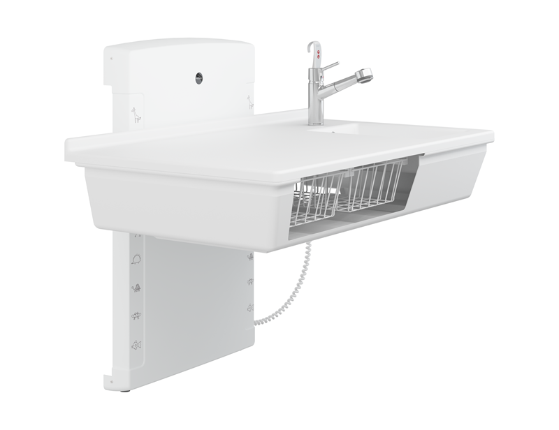 Wickeltisch, 800 x 1400 mm, elektrisch höhenverstellbar, mit sanitären Artikeln und Armatur mit Ausziehbrause