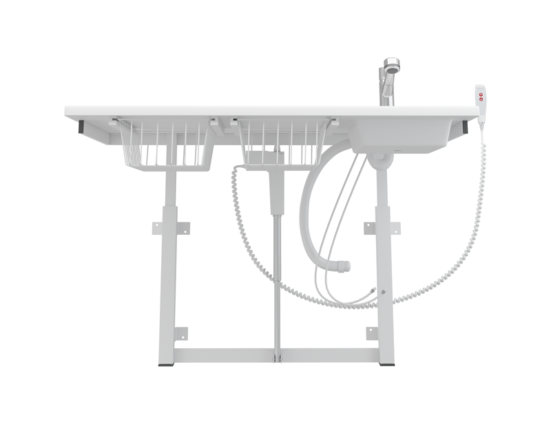 Wickeltisch, 800 x 1400 mm, elektrisch höhenverstellbar, mit sanitären Artikeln und Ausziehbrause