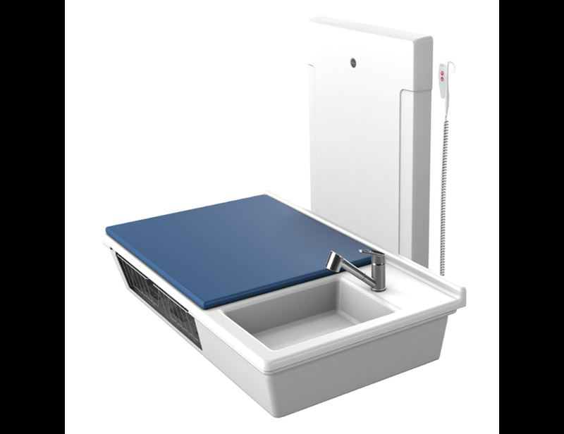 Solution with low start daycare changing table 800 x 1400 mm, electrically height adjustable, with sanitary appliances and mattress