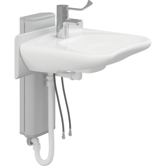 Solution with PLUS wash basin bracket, electrically height adjustable and MATRIX CURVE wash basin